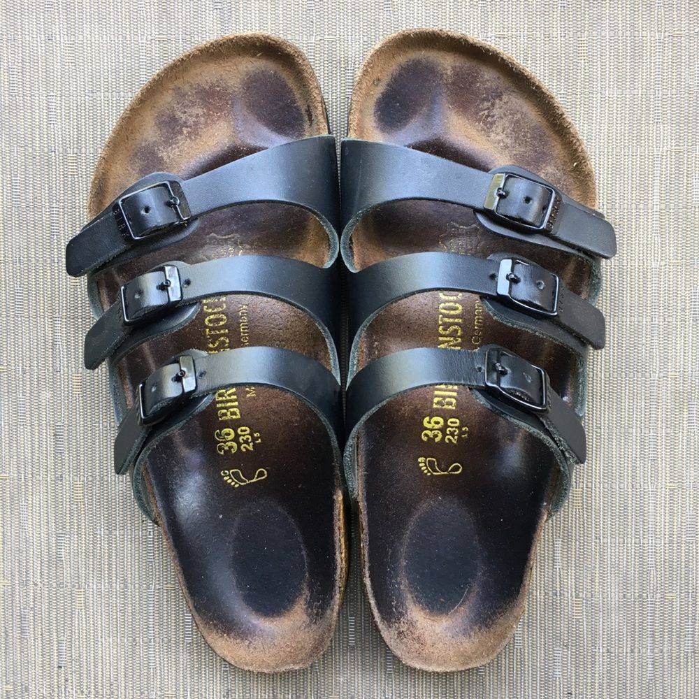Birkenstock Florida sz 36 three strap black leather slip on sandals slides